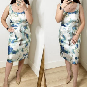 Banana Republic 100% Silk Scoop Neck Blue Green Watercolor Print Dress US 8